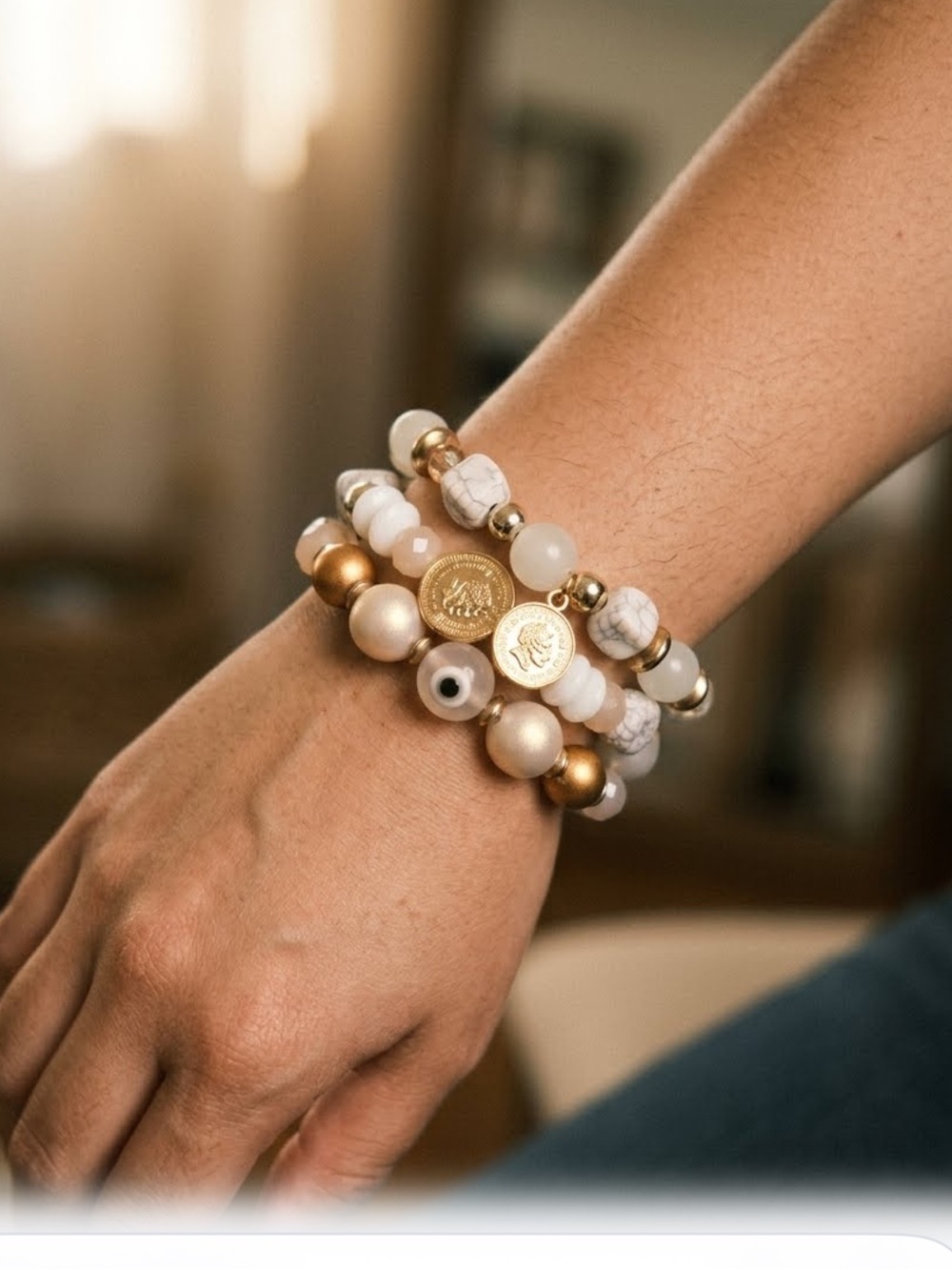 Three stackable bracelets Designed by Michelle McDowell Beads, Coins, Evil Eye
